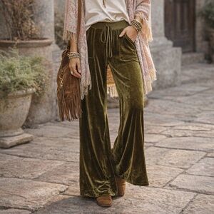 Olive Green Velvet Luxe Wide Flare Leg Lounge Pants - Small - Boho Gypsy Joggers